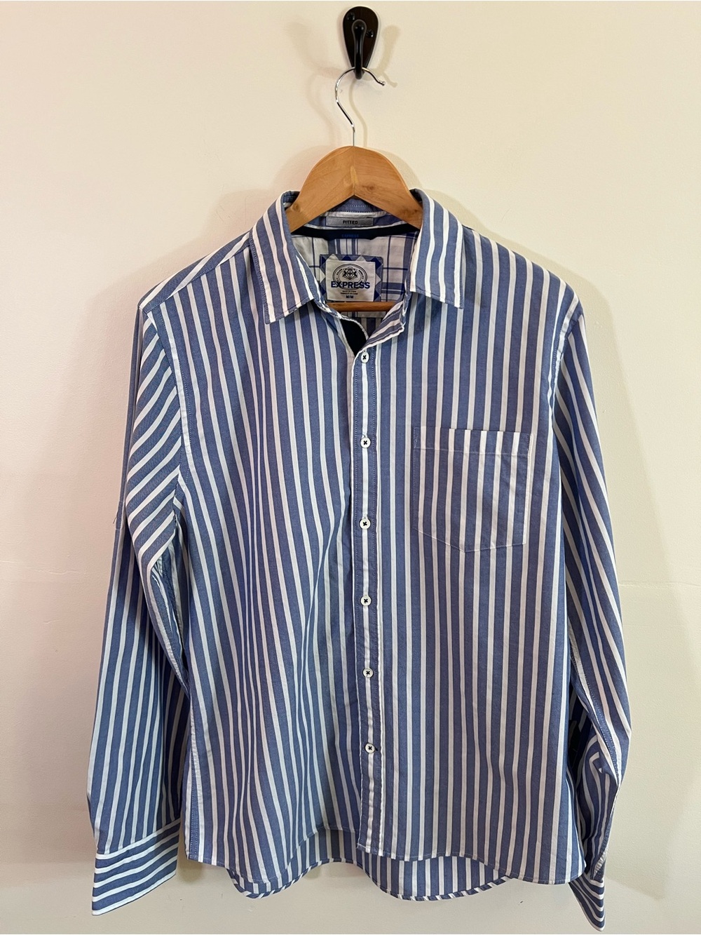 Express Mens Medium Fitted Blue White Stripe Button Down Dress Shirt Casual